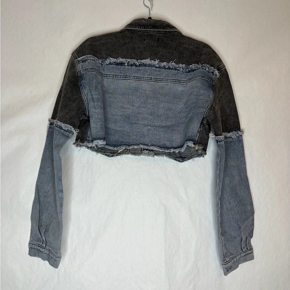 NWT PrettyLittleThing Washed Grey Double Layered Denim Cropped Jacket US Size 8 - Picture 9 of 14